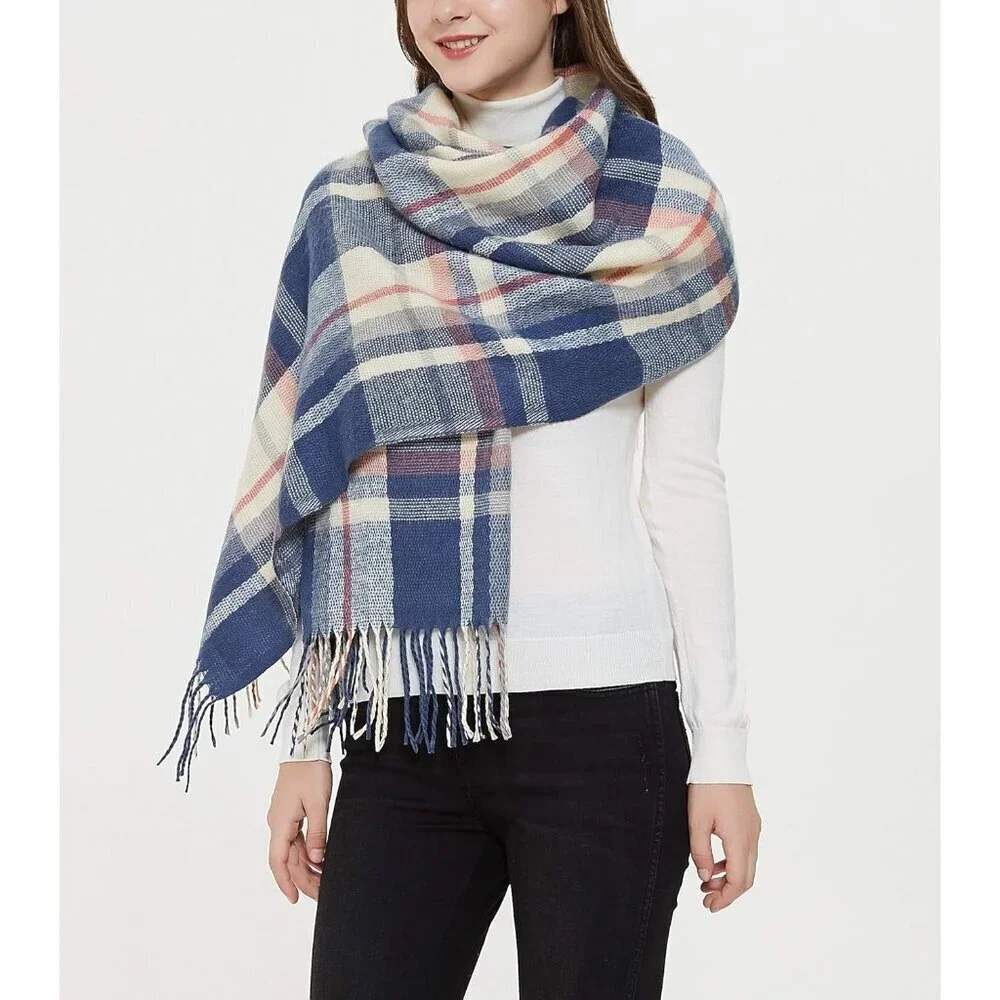 Women's Blue Fashion Long Shawl Big Grid Winter Warm Lattice Large Scarfs